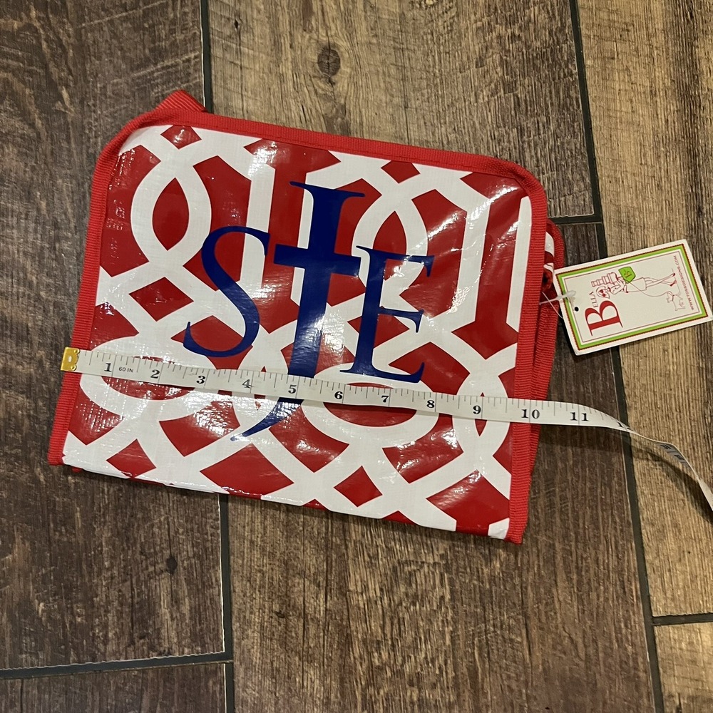 SJE Monogram Christian Cross Red Geo Lattice Cosmetic Toilette Travel Bag NWT - Picture 8 of 8